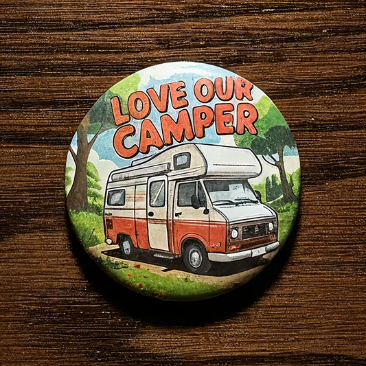 'Love Our Camper' Button met Speld - Camper Design - Ø 58mm