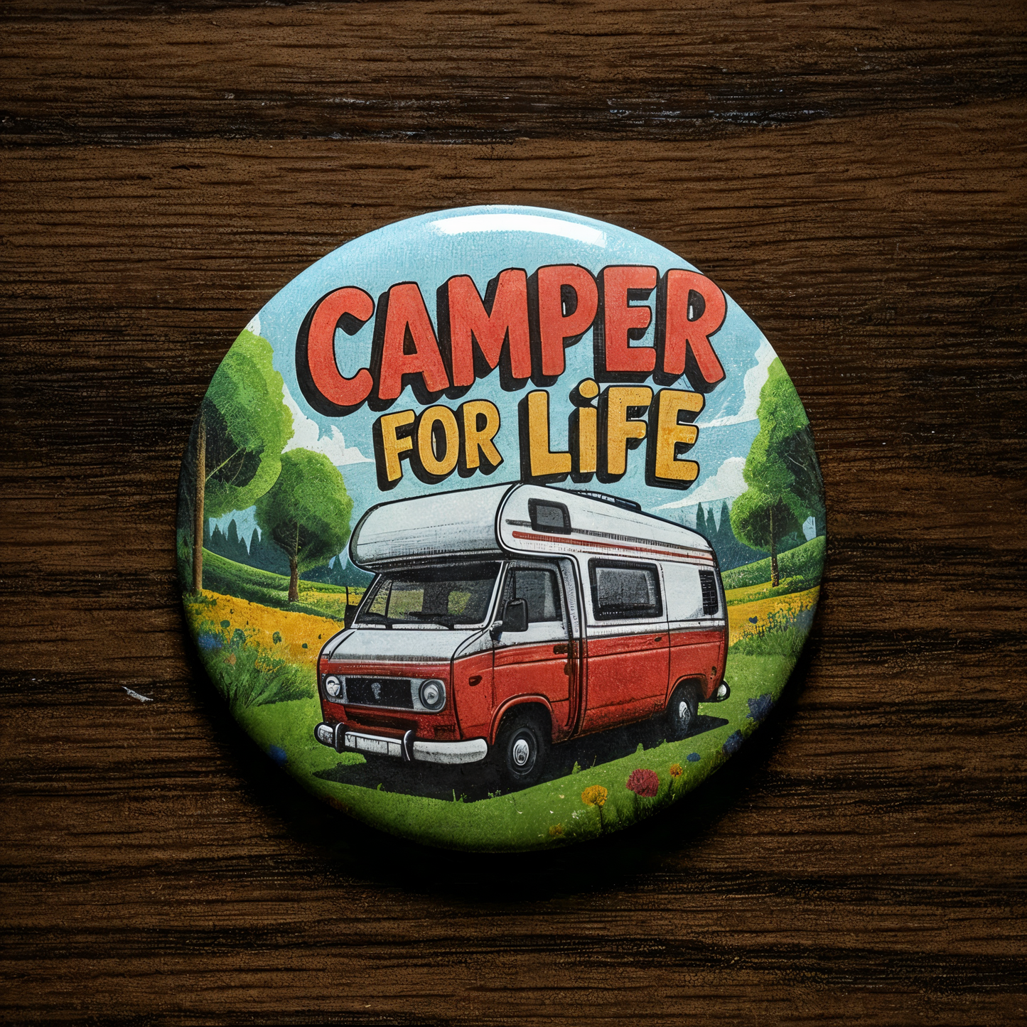 Magneet Button rode camper met "Camper for Live" - 58mm