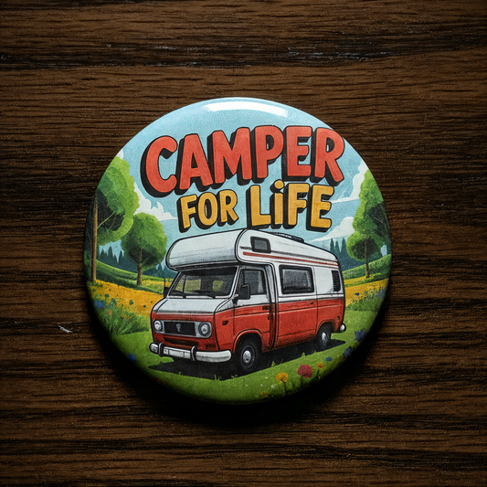 'Camper For Life' Button met Speld - Rode Camper - Ø 58mm