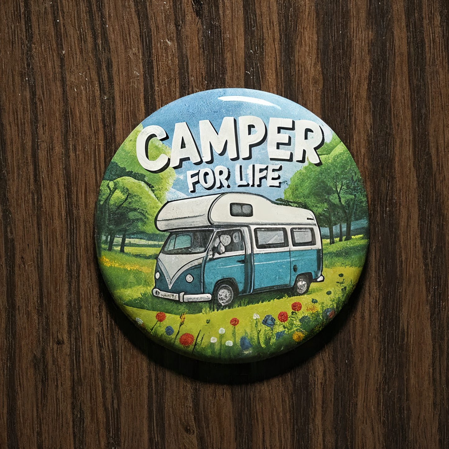 Magneet Button blauwe camper met "Camper for Live" - 58mm