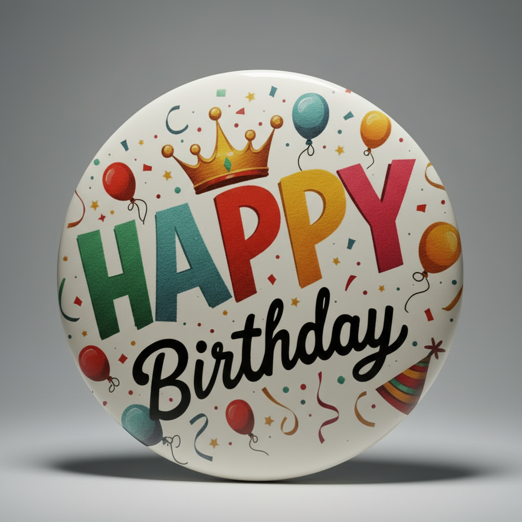 'Happy Birthday' Button met Speld - Ontwerp #4 - Ø 58mm