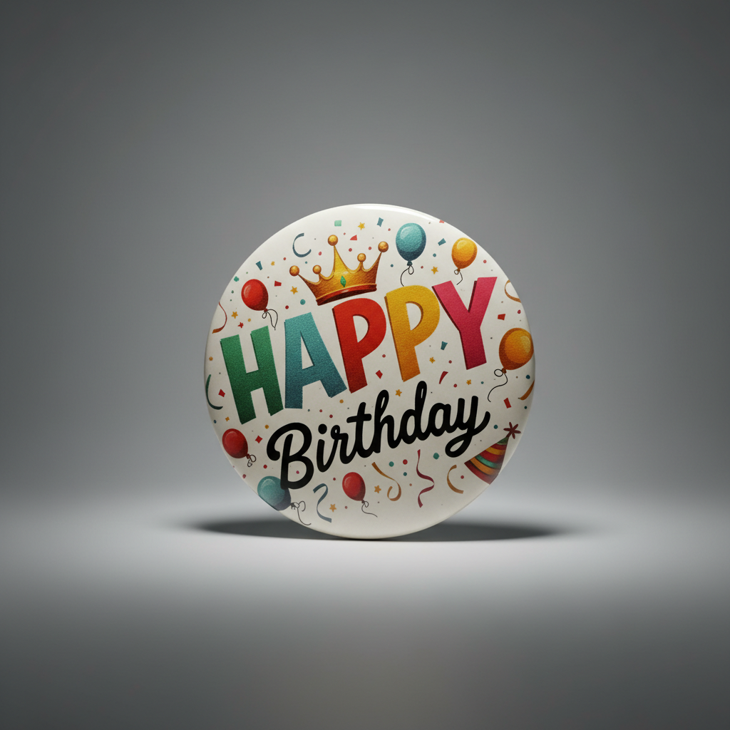'Happy Birthday' Button met Speld - Ontwerp #4 - Ø 58mm