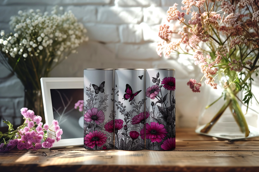 20oz Skinny Tumbler met Paarse Bloemen en Vlinder Design - 590ml